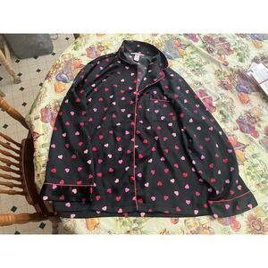 Victoria Secret Heart Print Pajama Satin Top Black Pink Red Lounge Sleepwear Lg